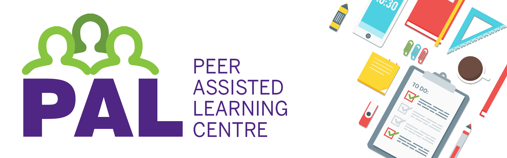 Colourful education icons with purple text reading PAL: Peer Assisted Learning Centre