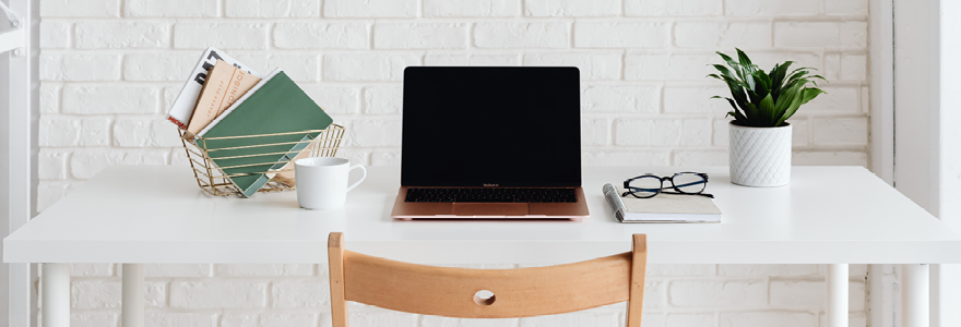 Laptop, mug, glasses, plant, and books on a white desk